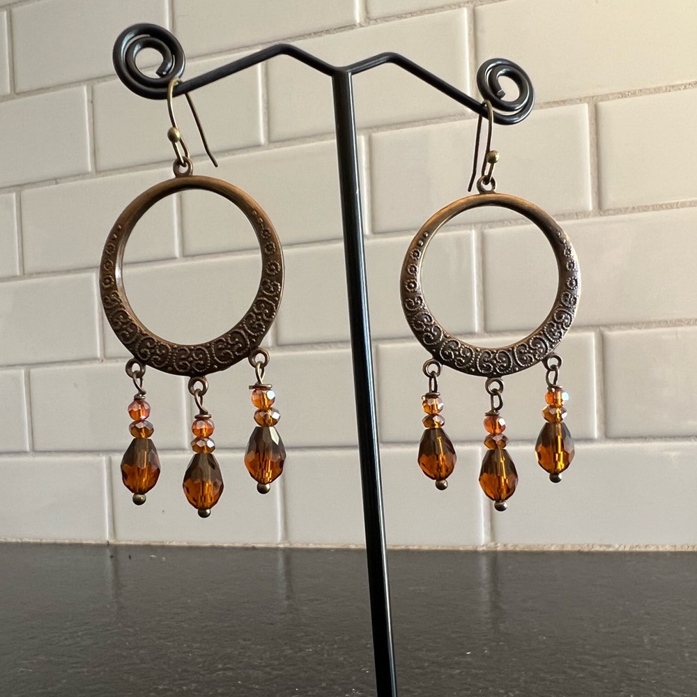 Chandelier earrings amber glass teardrops